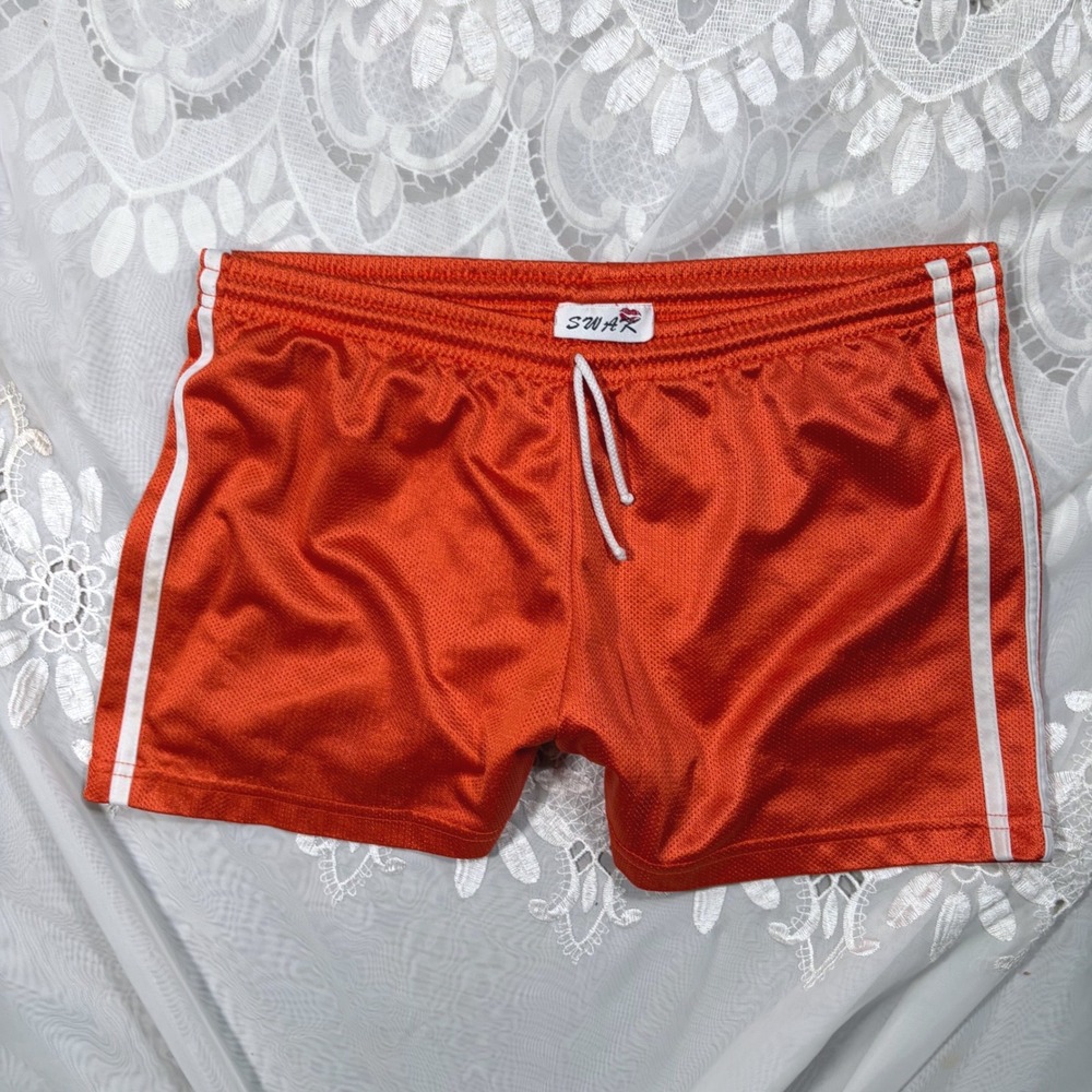 Y2K Workout Orange Mesh Athletic Shorts White Side Stripe Drawstring Medium